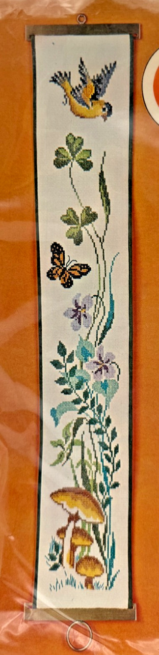 Bucilla Cross Stitch Kit Floral #2570 Bell Pull Mushroom Bird Vintage NOS Sealed